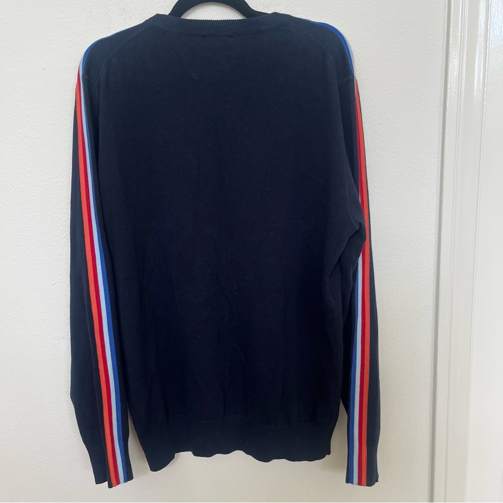 RON DORFF NWOT Cotton Cashmere L 44” Crewneck Pullover Navy Blue Striped Sleeve